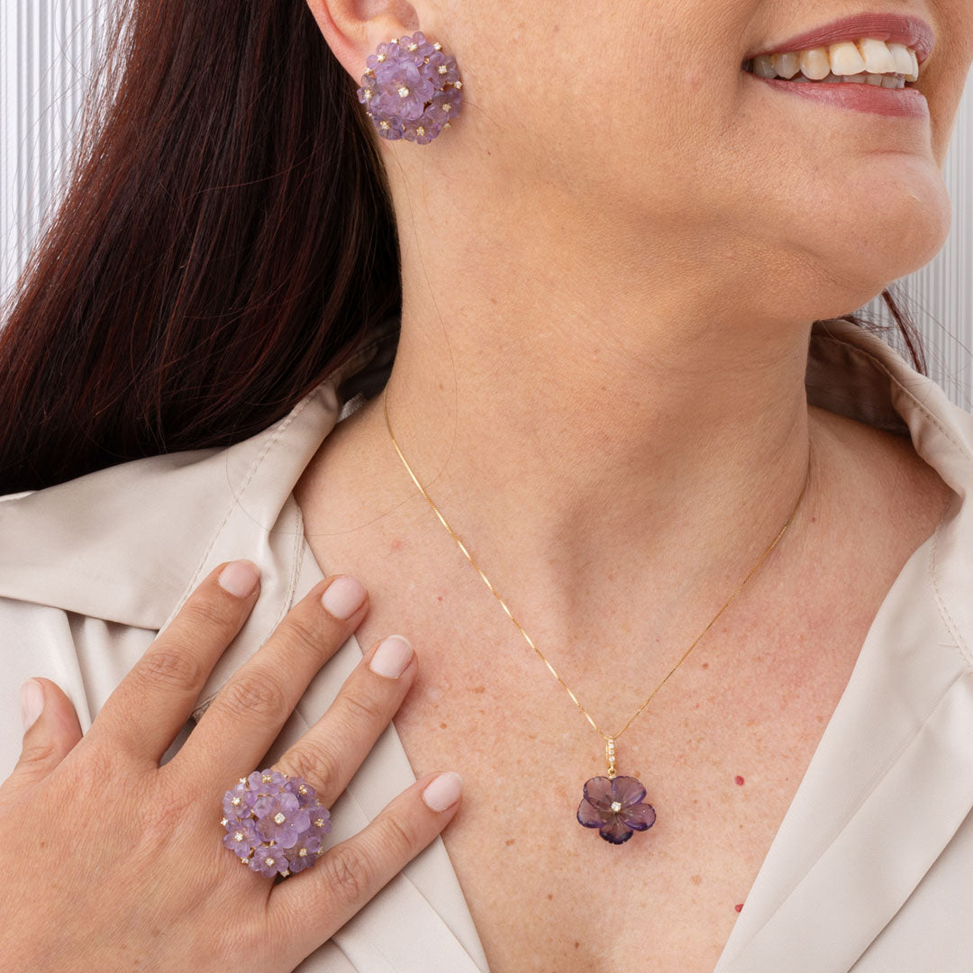 Orecchini-e-anello-bouquet-ciondolo-semplice-ORO-e-ametista-Bouganvillea